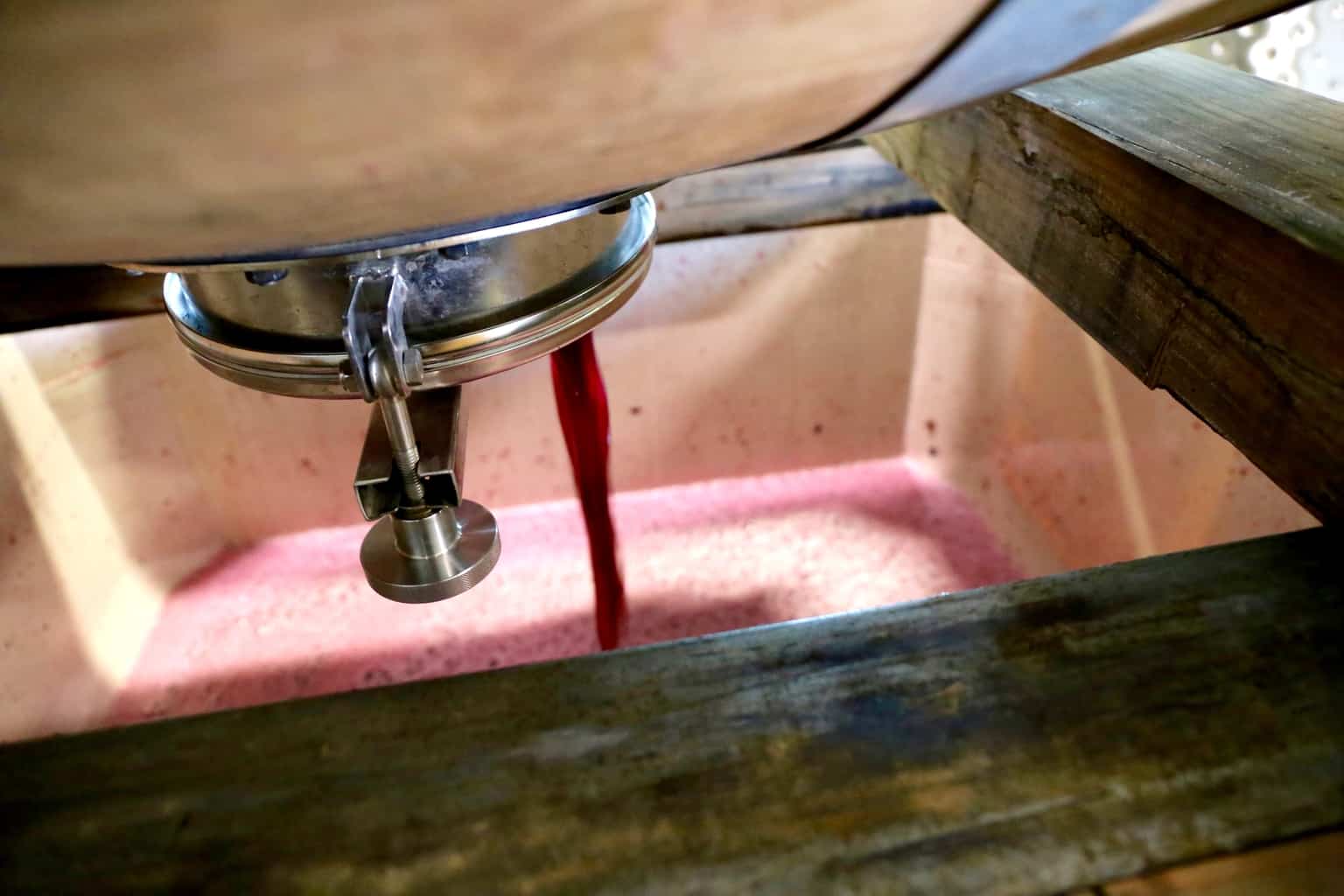 Rotator barrel draining at the end of fermentation.