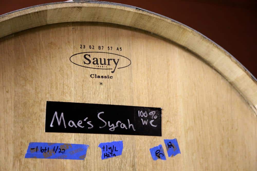 Barrel of Mae's Vineyard Syrah aging in the cellar